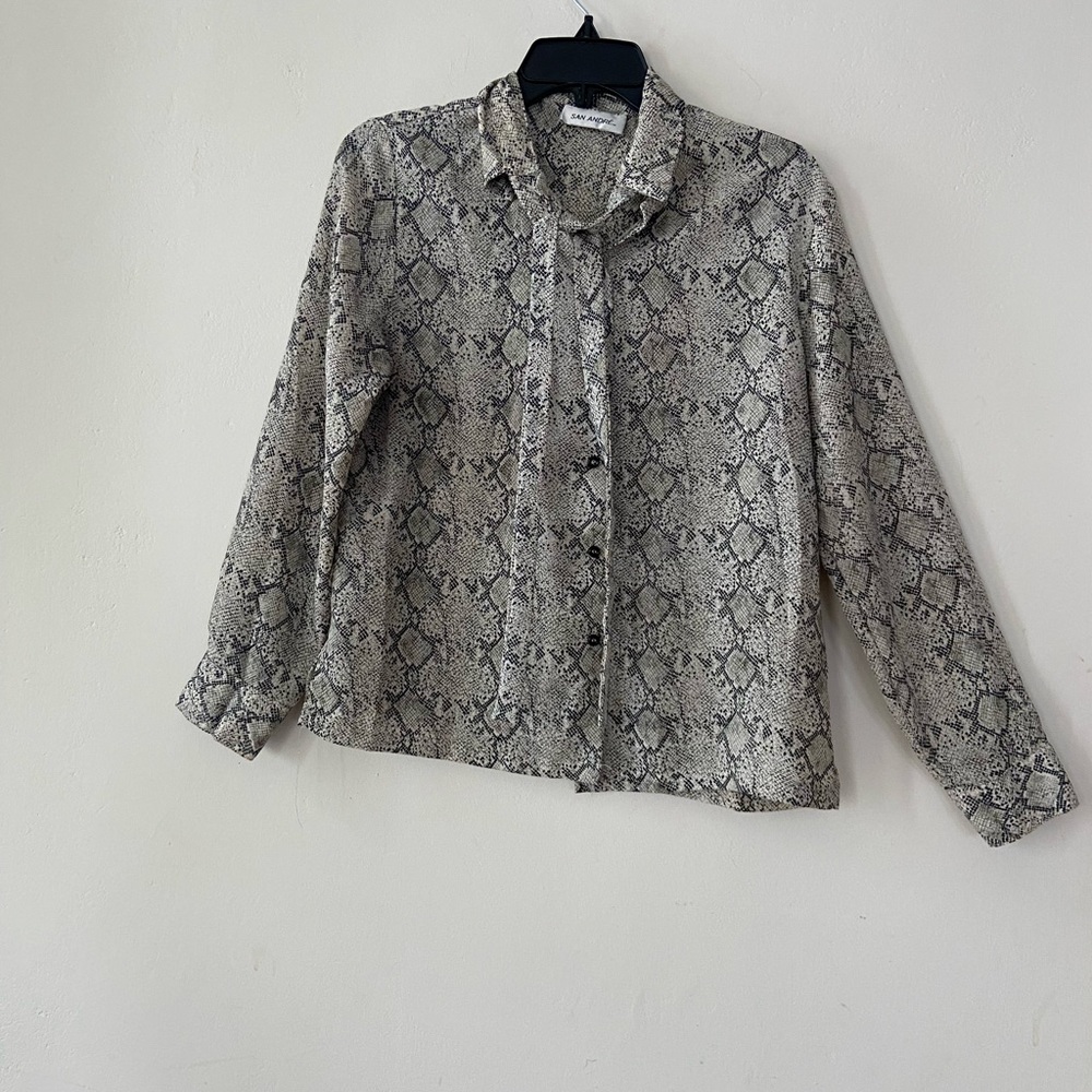 Medium snake skin black and white side tie business blouse